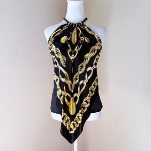Cache Silk Handkerchief Halter Tank Black & Gold Chain-Print Layered Top XS